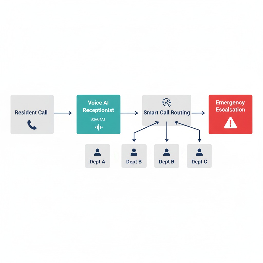 Infographic: voice-AI call flow routing residents to correct municipal departments.