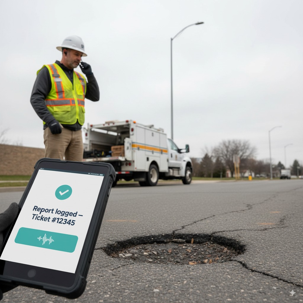 Field crew logs pothole or streetlight issue using voice-AI ticketing on tablet.