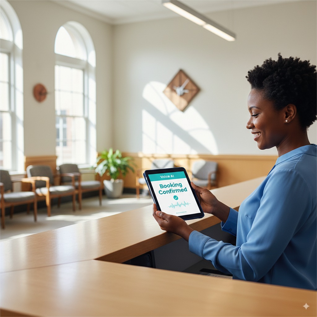 Municipal staff confirms resident booking via voice-AI tablet at service counter.