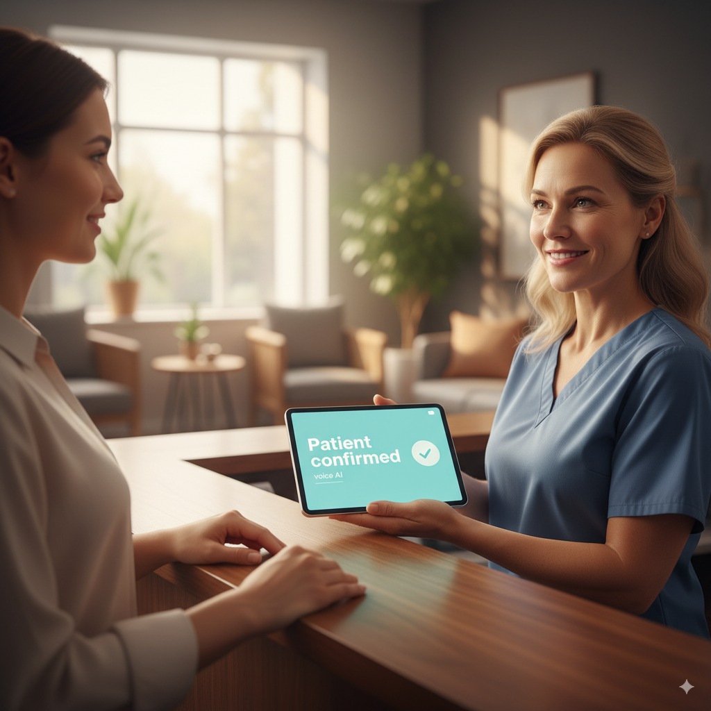 Receptionist confirms booking via AI voice receptionist on tablet.