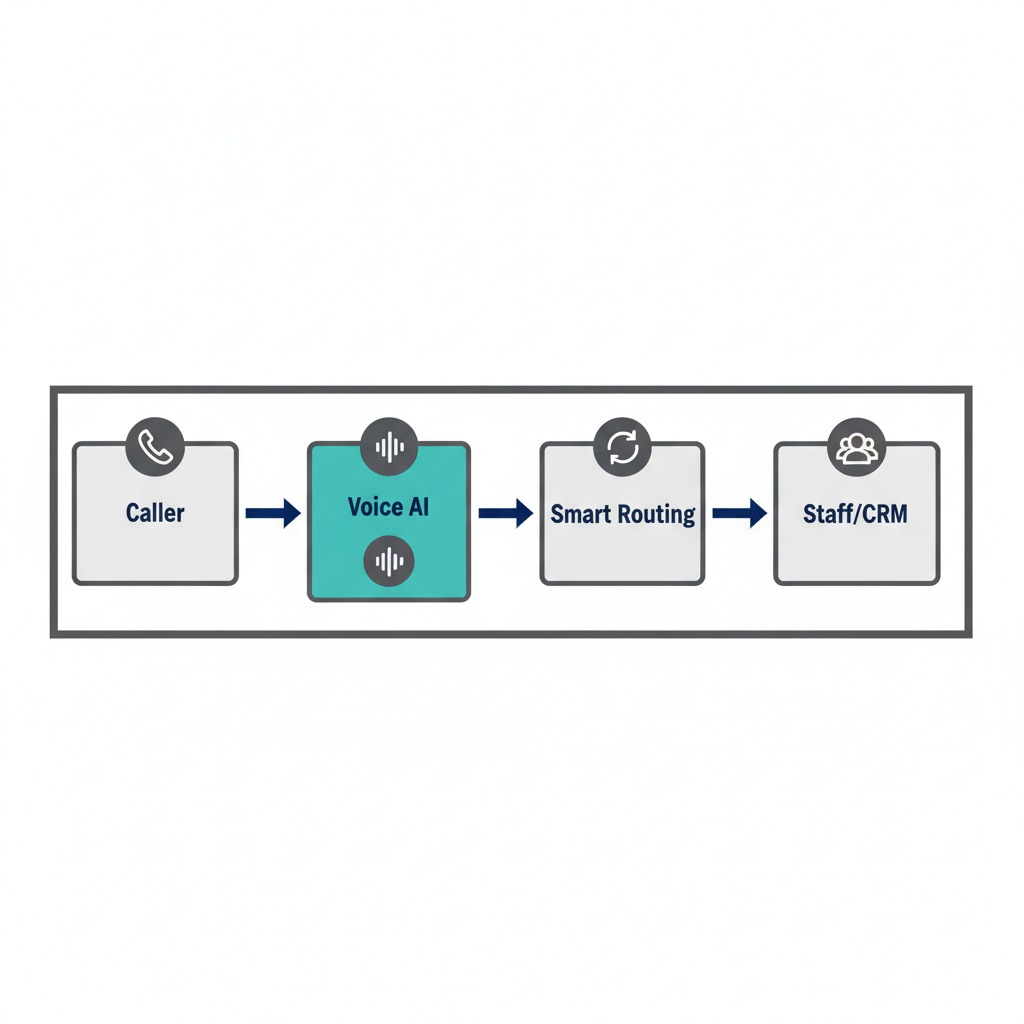Infographic: caller to voice-AI to smart routing to staff/CRM.