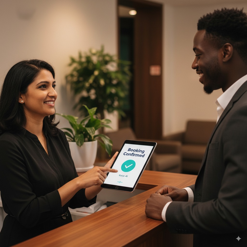 Receptionist hands customer a tablet confirming booking via AI voice receptionist.