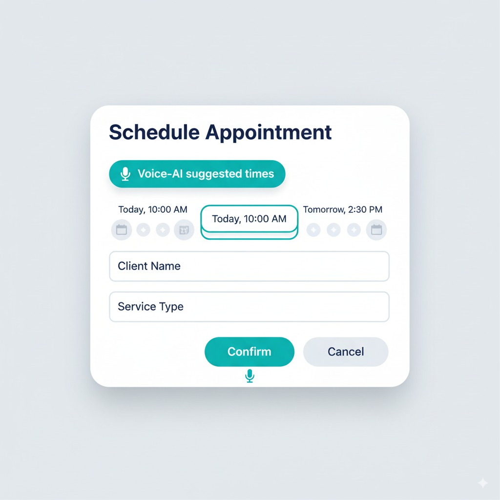 Scheduling UI showing voice-AI suggested appointment times and confirm button.