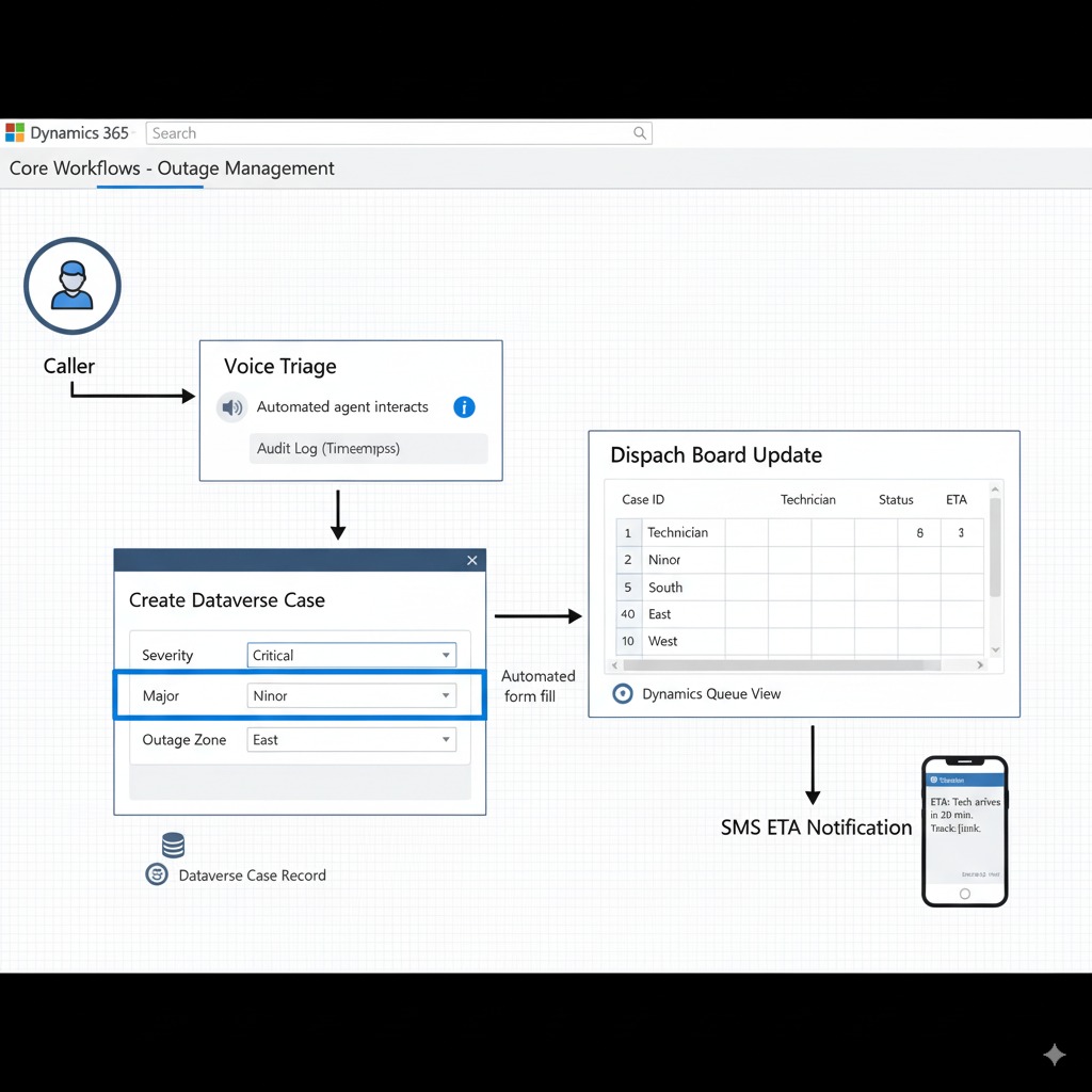 integrate voice AI Dynamics outage workflow: caller to voice triage to Dataverse case, priority dispatch and SMS ETA, humanized voice