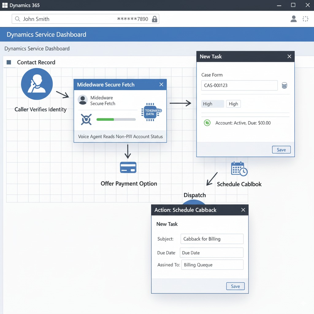 integrate voice AI Dynamics billing workflow: caller verifies identity → tokenized middleware fetch → masked account shown → safe task/callback created