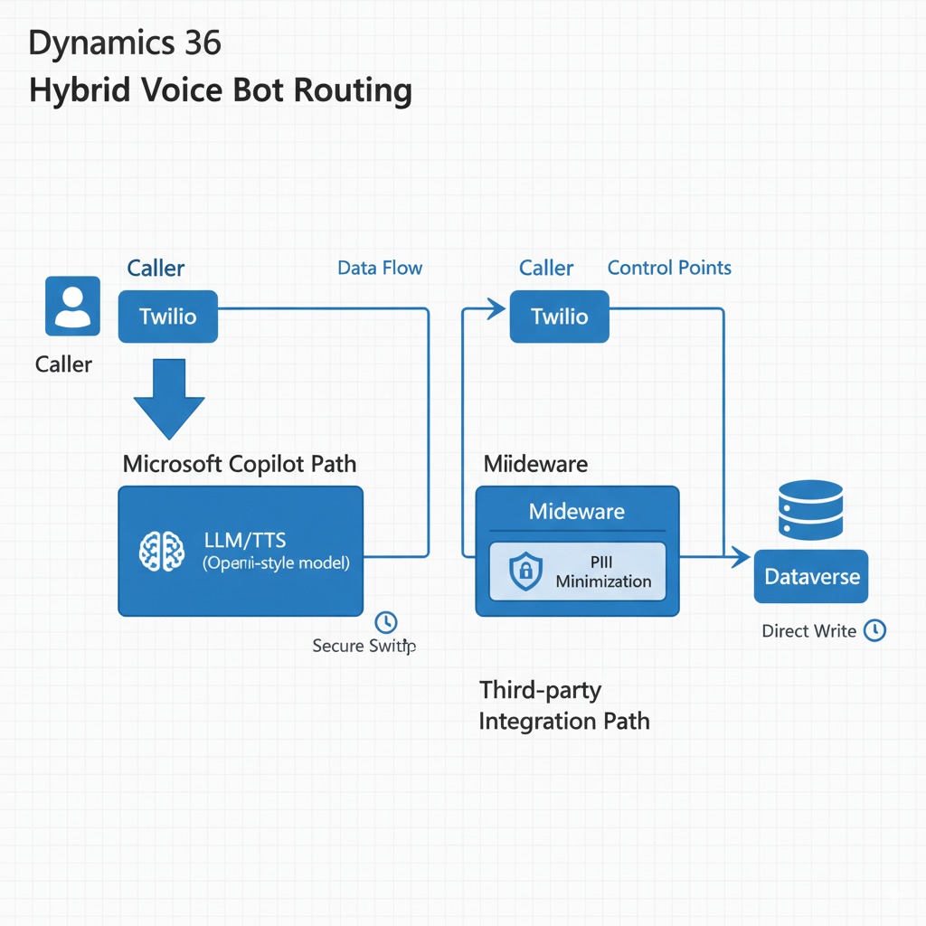 integrate voice AI Dynamics hybrid routing diagram showing Copilot path vs third-party (Twilio→LLM→middleware→Dataverse)