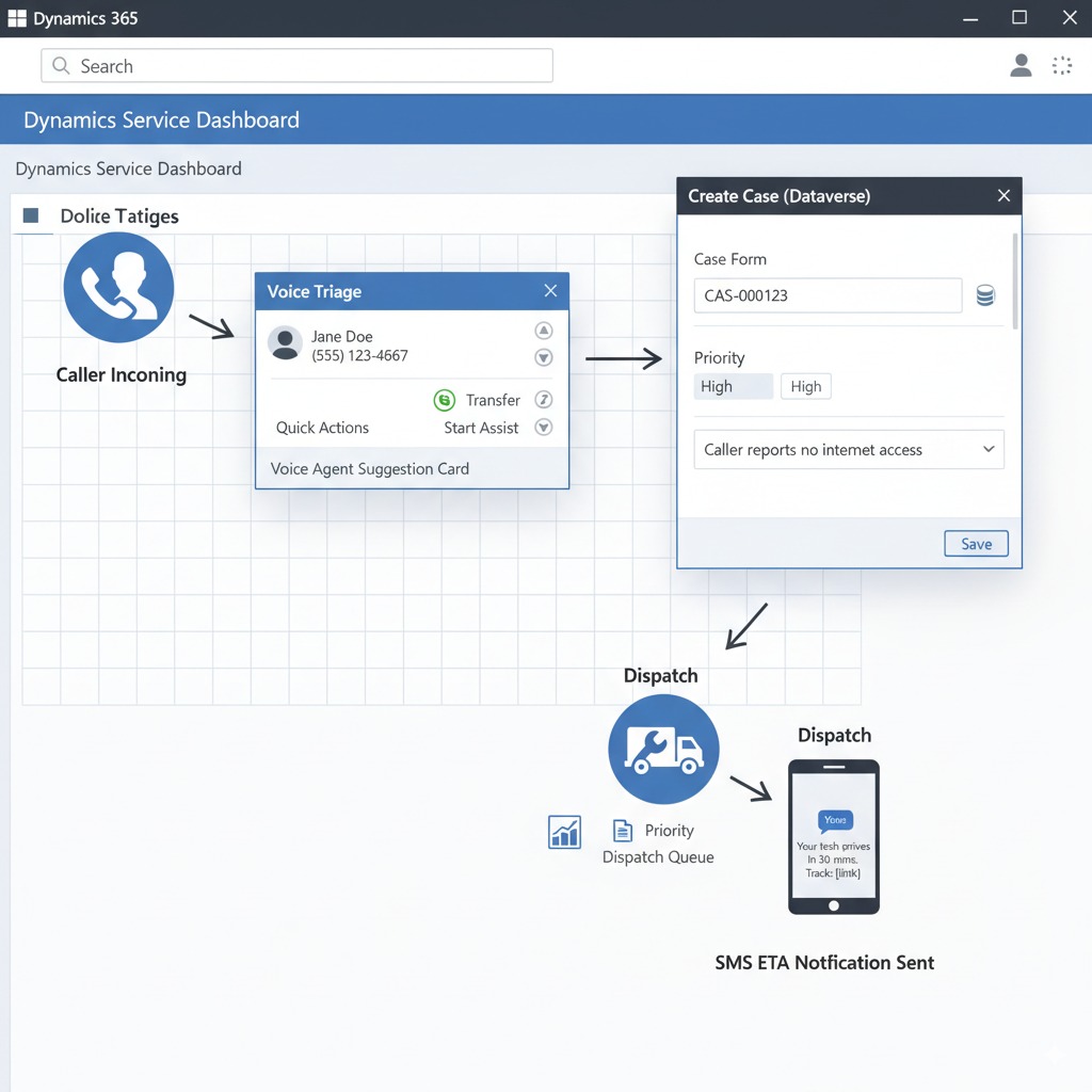 integrate voice AI Dynamics outage workflow: voice triage → Dataverse case creation → priority dispatch and SMS ETA, humanized voice
