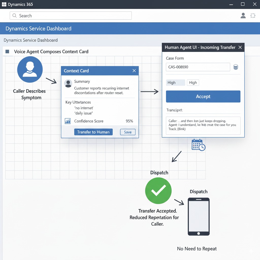 integrate voice AI Dynamics soft handoff: voice agent context card (summary, key utterances, confidence) and human agent incoming transfer