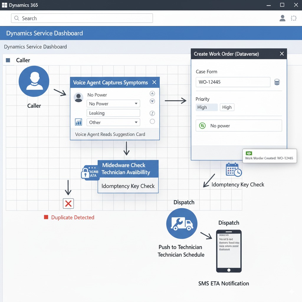 integrate voice AI Dynamics work-order workflow: symptom capture → idempotency check → Dataverse work order creation → dispatch