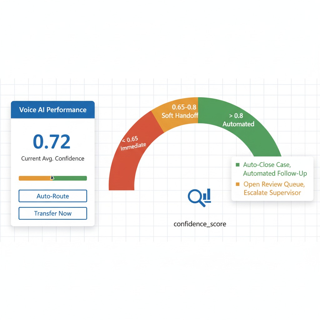 integrate voice AI Dynamics confidence chart showing confidence_score 0.72 with auto-route, soft handoff and transfer actions
