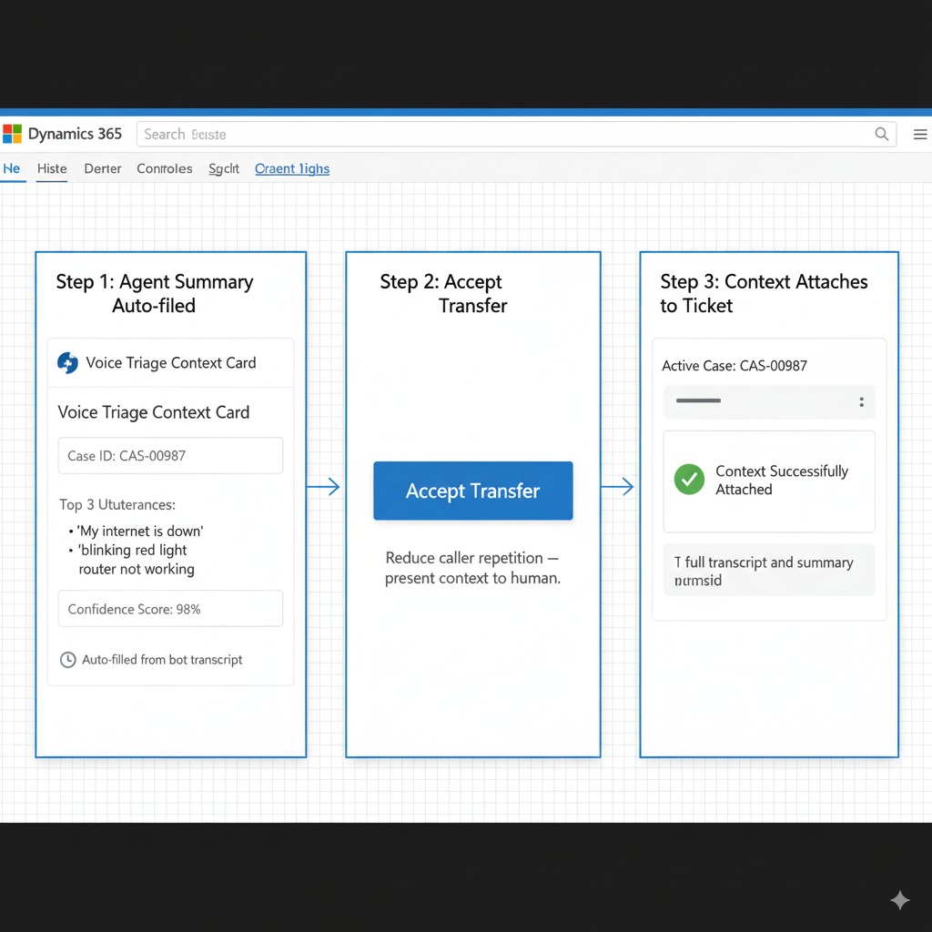 integrate voice AI Dynamics soft handoff flow showing context card (case_id, key utterances, confidence) and transfer to human