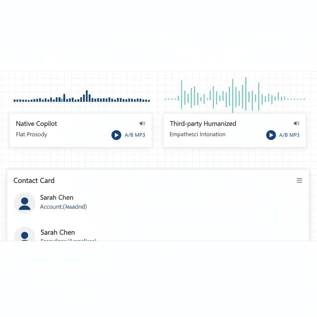 integrate voice AI Dynamics audio compare: Native Copilot (flat prosody) vs third-party humanized (empathetic intonation) — A/B MP3s