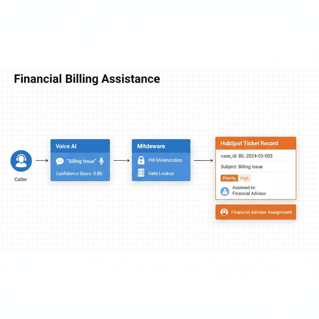 integrate voice AI HubSpot financial services case creation workflow from call intake to ticket assignment