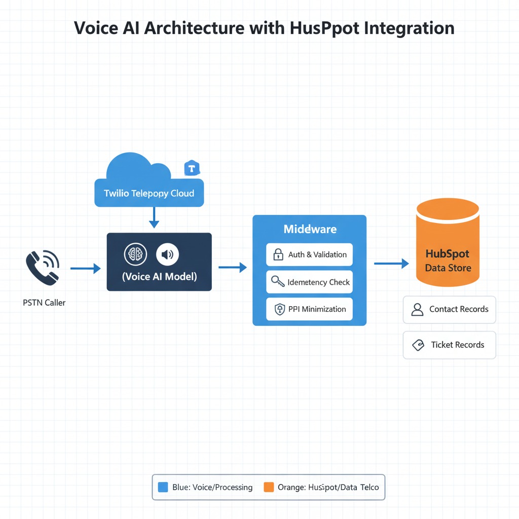 integrate voice AI HubSpot architecture with Twilio, LLM/TTS, middleware, and HubSpot datastore