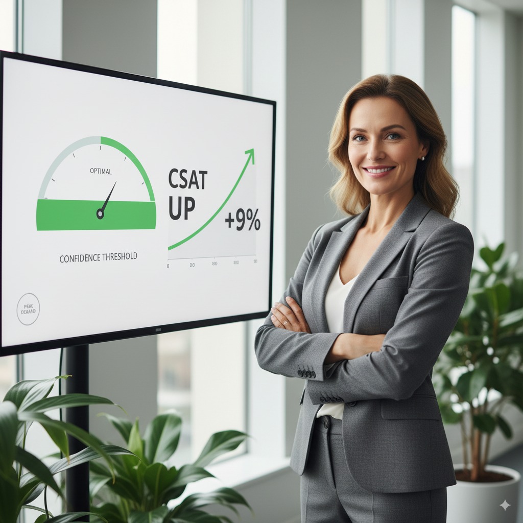 integrate voice AI Dynamics head of ops smiling in front of confidence gauge and CSAT uplift on Dynamics-like monitor.
