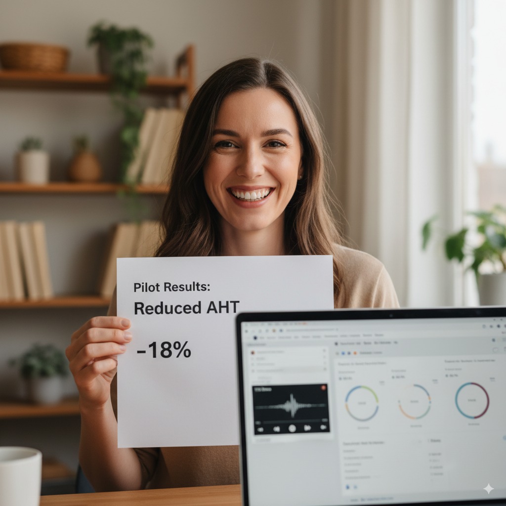 integrate voice AI Dynamics customer-success manager on video call smiling with pilot results and Dynamics KPI dashboard.