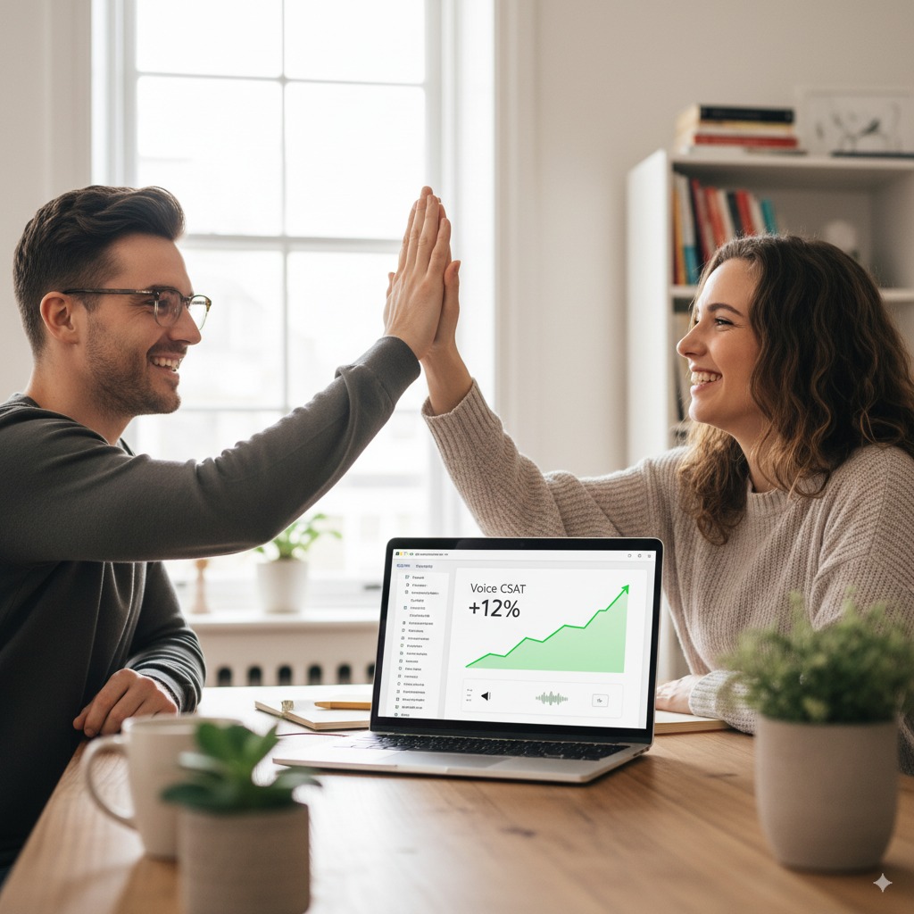 integrate voice AI Dynamics support lead and CS specialist high-five with laptop showing Dataverse cases and improved Voice CSAT.