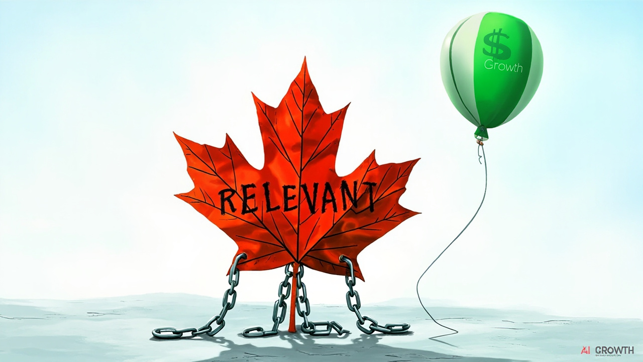 Stylized illustration of a Canadian maple leaf chained to the ground labeled ‘Relevant,’ while a green balloon marked ‘Growth’ floats upward.