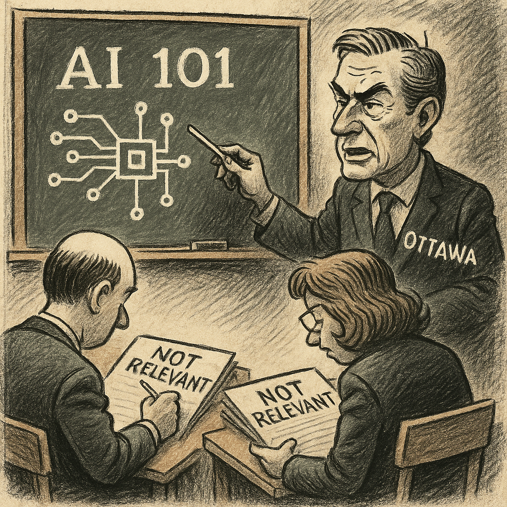 Political cartoon of Ottawa teaching ‘AI 101’ at a chalkboard, while business owners write ‘Not Relevant’ in their notebooks