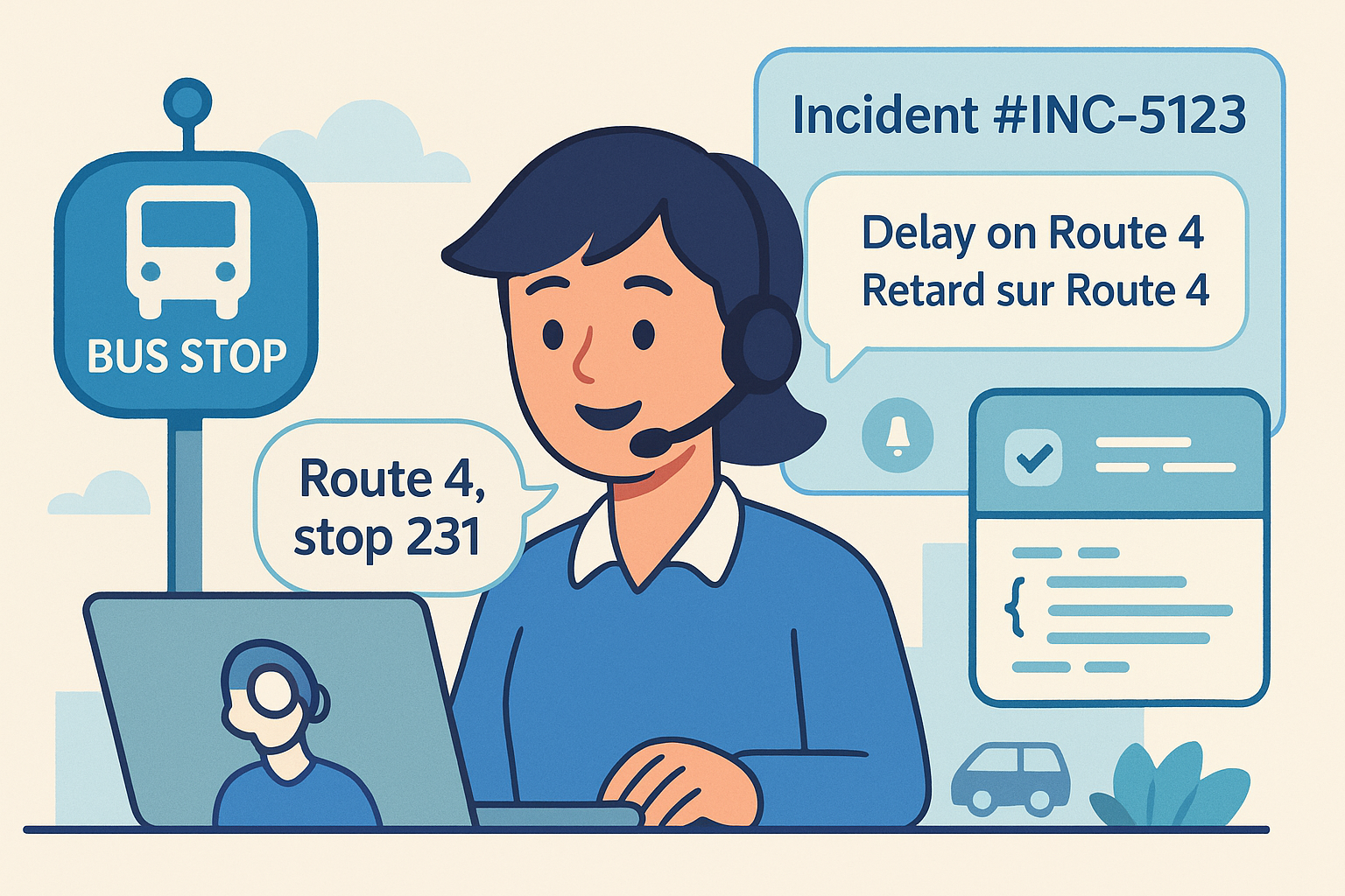 Voice AI receptionist logs a transit incident and dispatches rider alerts.
