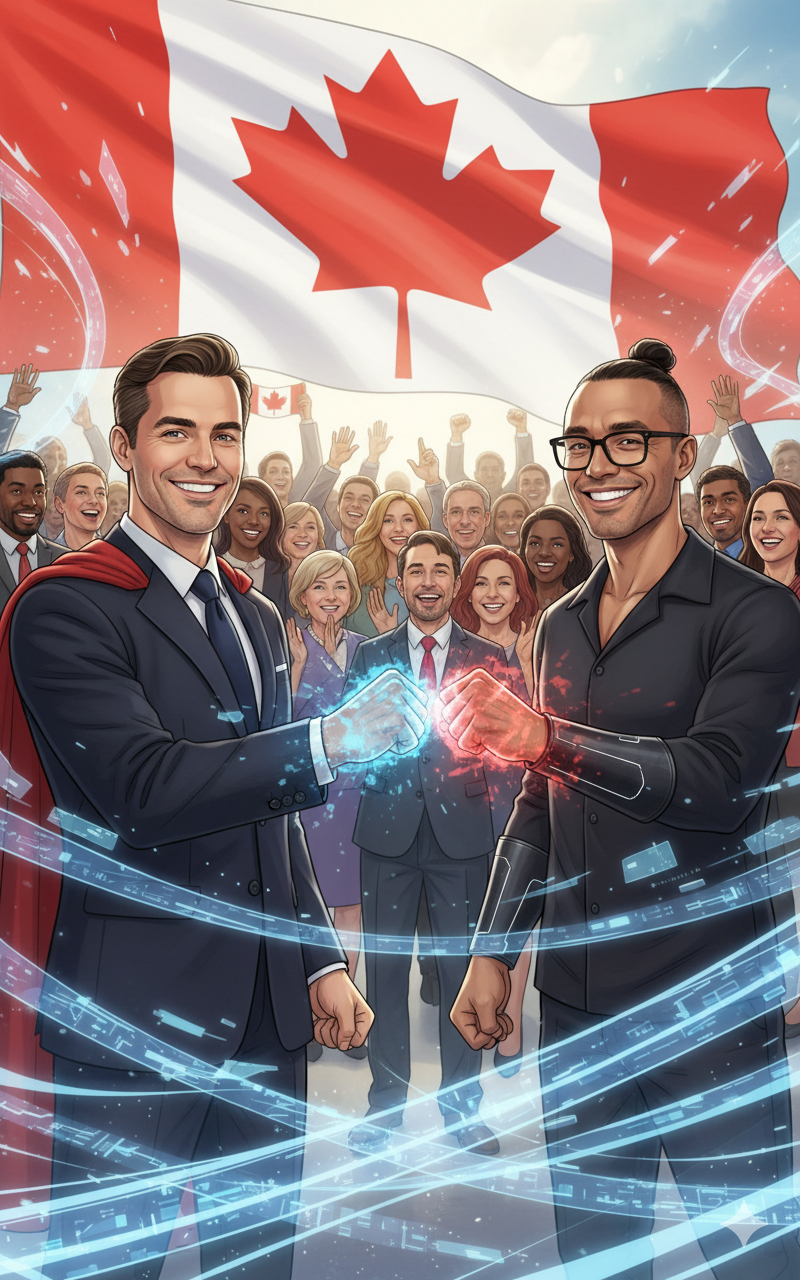Illustration of Evan Solomon and Alex Masters Lecky fist-bumping before a Canadian flag, symbolizing unity on AI adoption in Canada.