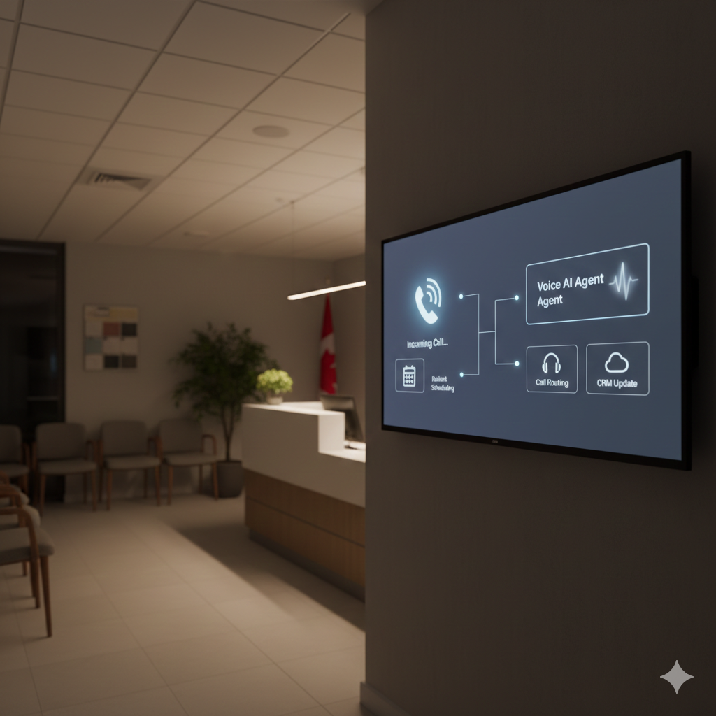Voice AI agent handling inbound calls and scheduling inside a Canadian clinic reception area
