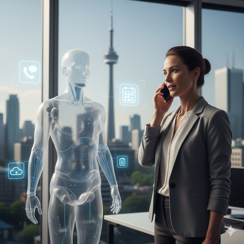Toronto business professional using a humanized voice AI agent for customer calls