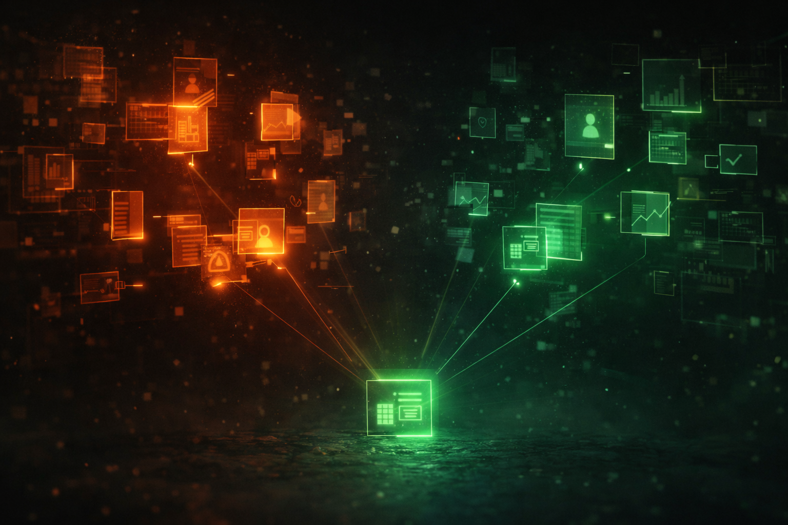 Abstract visualization of fragmented versus unified data systems affecting voice AI accuracy and reliability