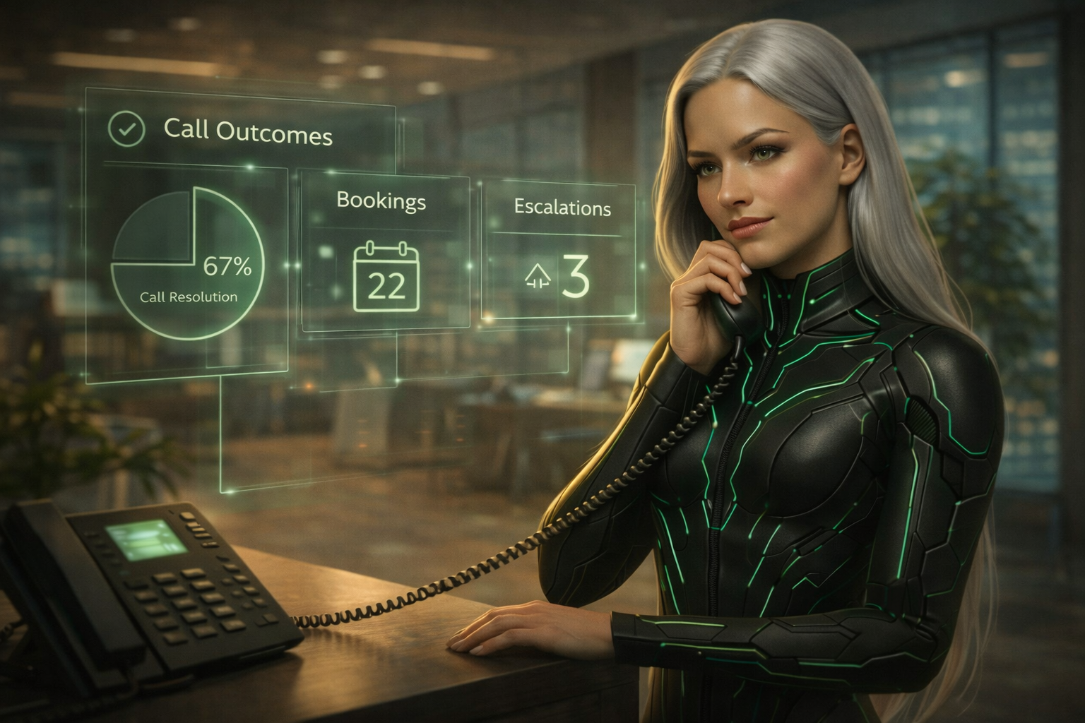 AI voice assistant reviewing call outcomes, bookings, and escalations in a Canadian business environment