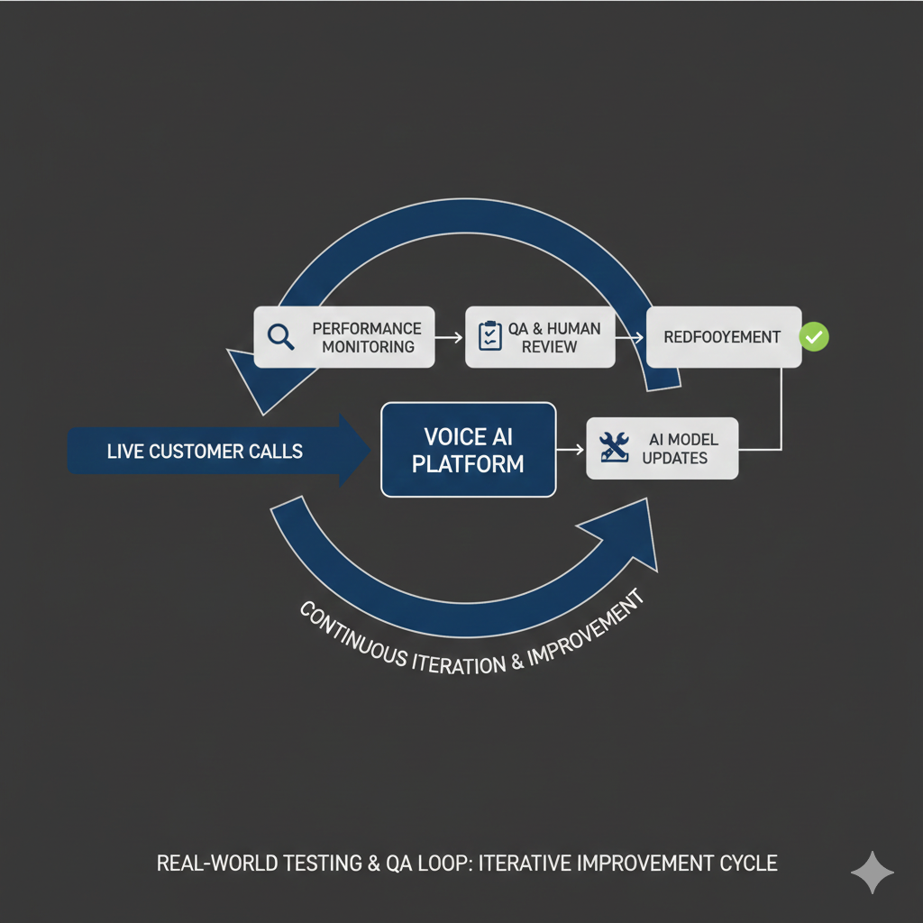 Voice AI real-world testing loop showing live calls, monitoring, QA review, redeployment, and model updates