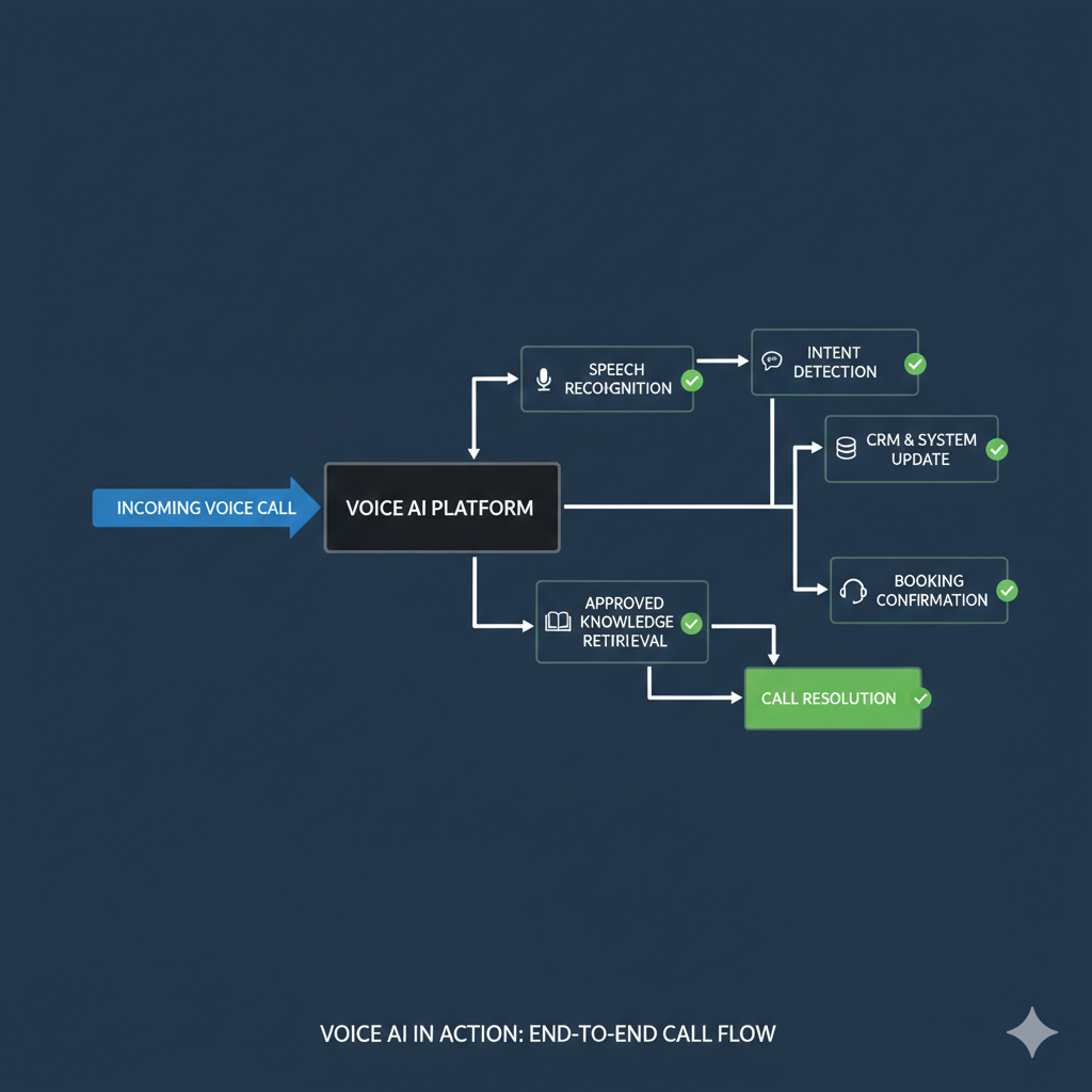 End-to-end voice AI call flow integrating speech recognition, CRM updates, booking, and call resolution
