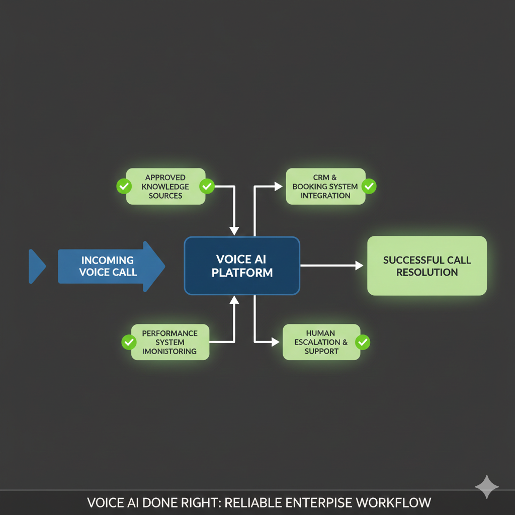 Enterprise voice AI workflow showing CRM integration, approved knowledge sources, monitoring, and human escalation
