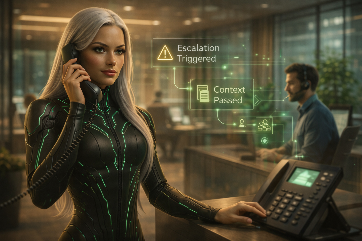 AI voice receptionist answering a business phone with call outcomes, bookings, and escalation tracking