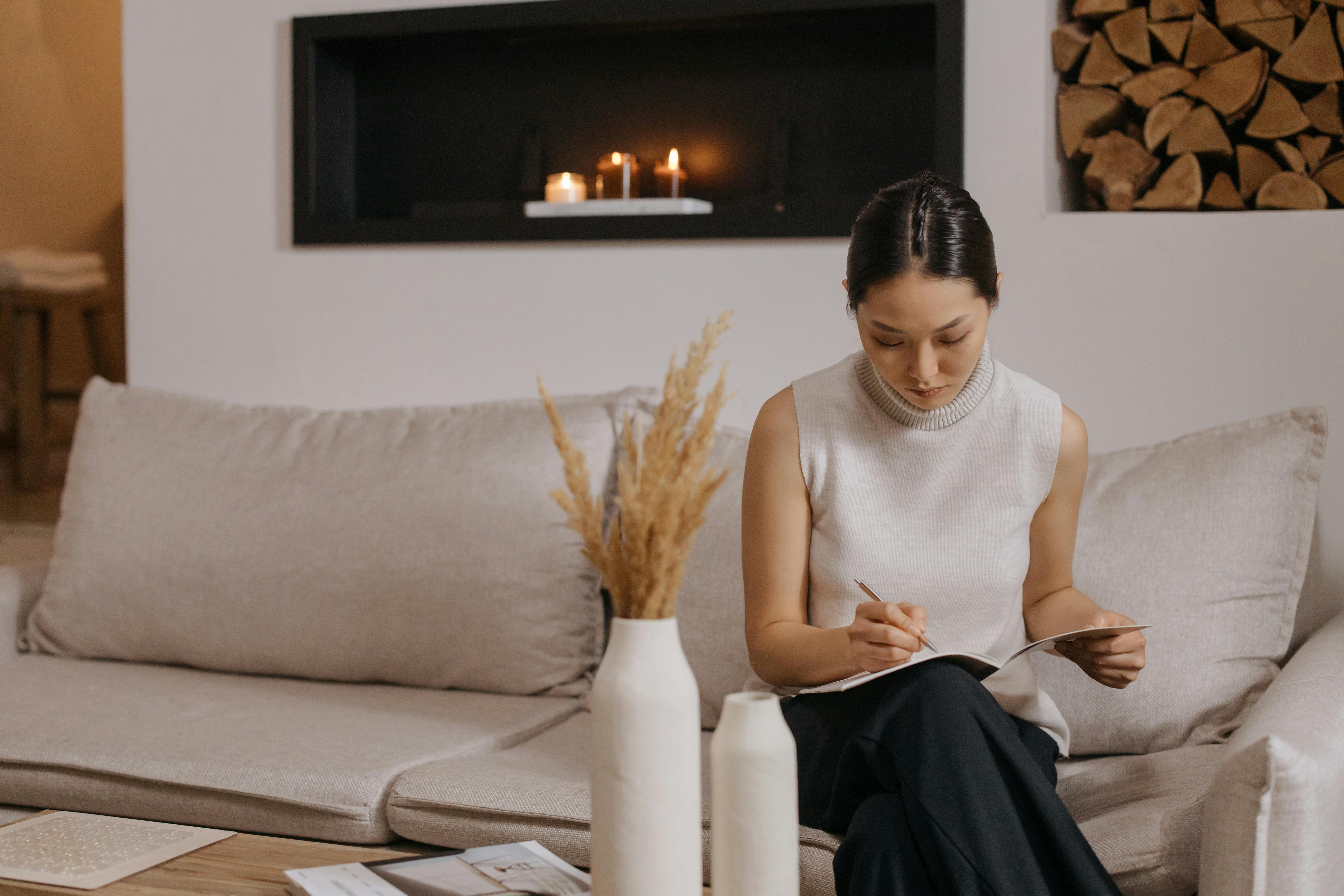Warm living room with caregiver notebook on table