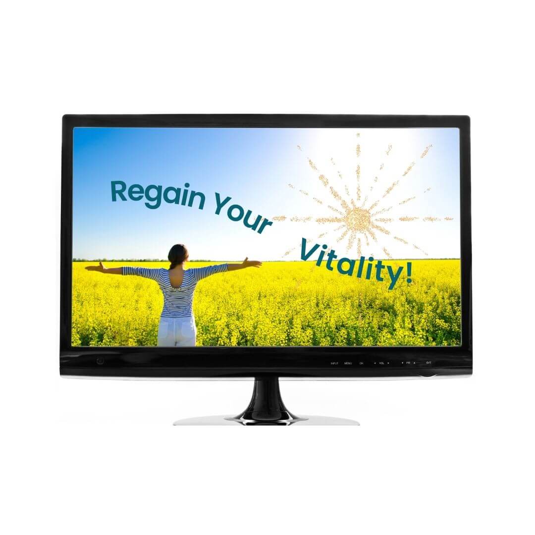 A picture depicting a picture on a laptop screen with a woman with both arms raised in triumph standing in   a field with the words regain your vitality written across the screen page