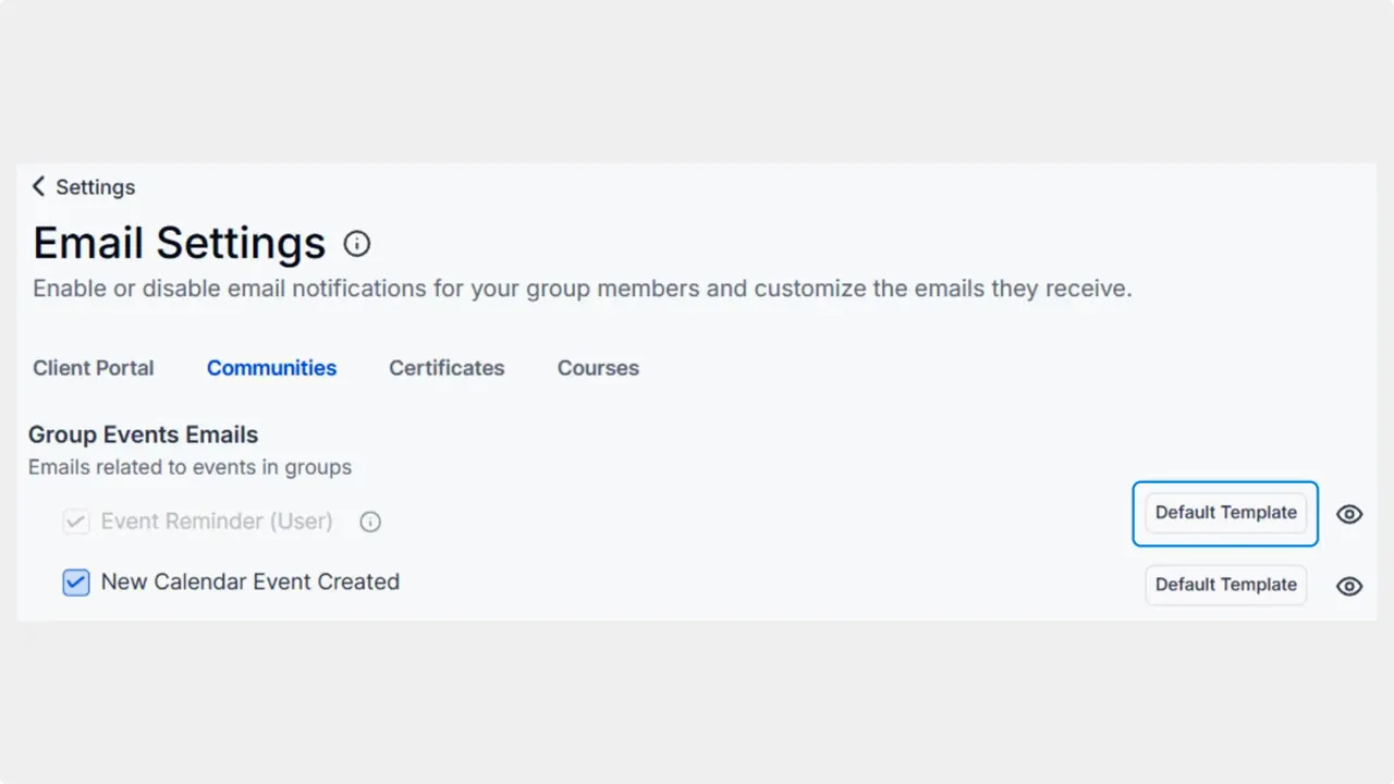 Email Settings view focused on the Communities tab and the Group Events Emails section, showing Event Reminder and Default Template controls.
