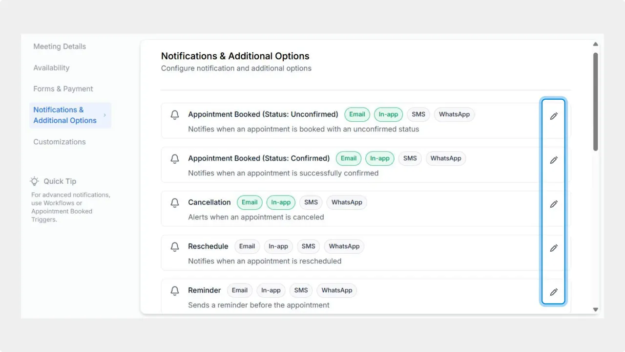 Notifications & Additional Options tab with reminder items and channel badges including WhatsApp Notifications & Additional Options tab with reminder items and channel badges including WhatsApp