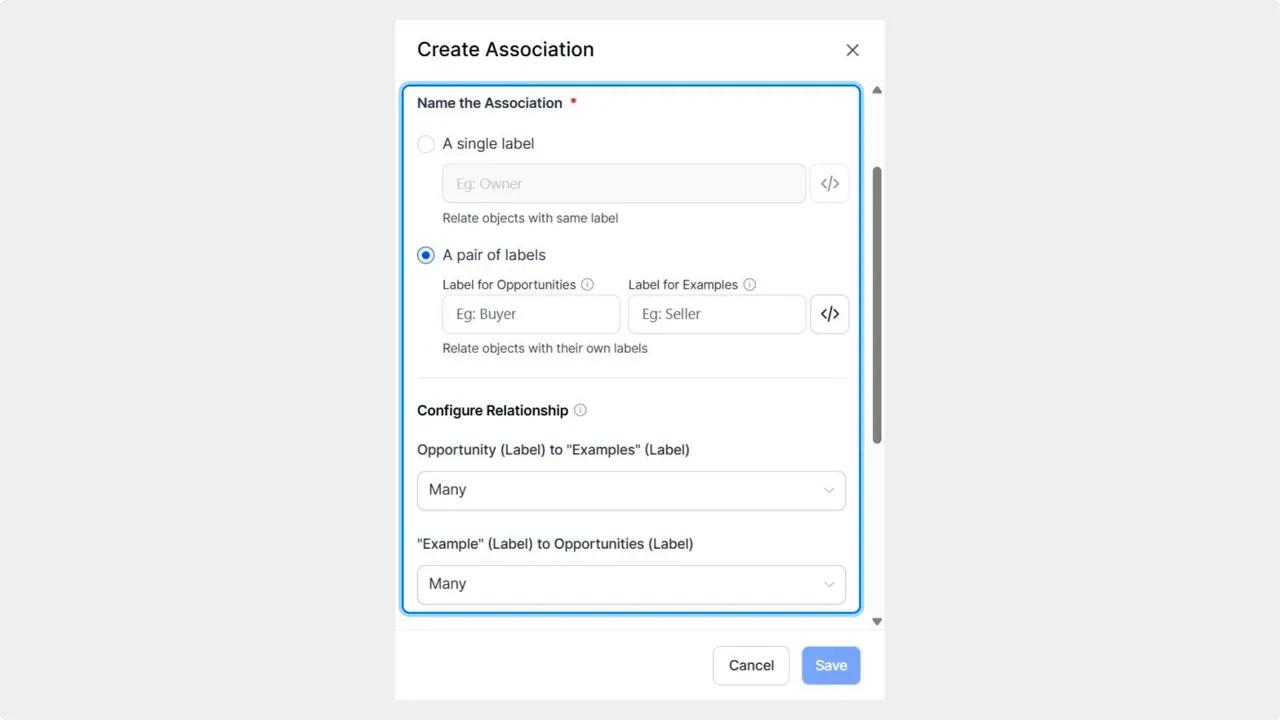 Create Association modal showing label fields and relationship type with Save button