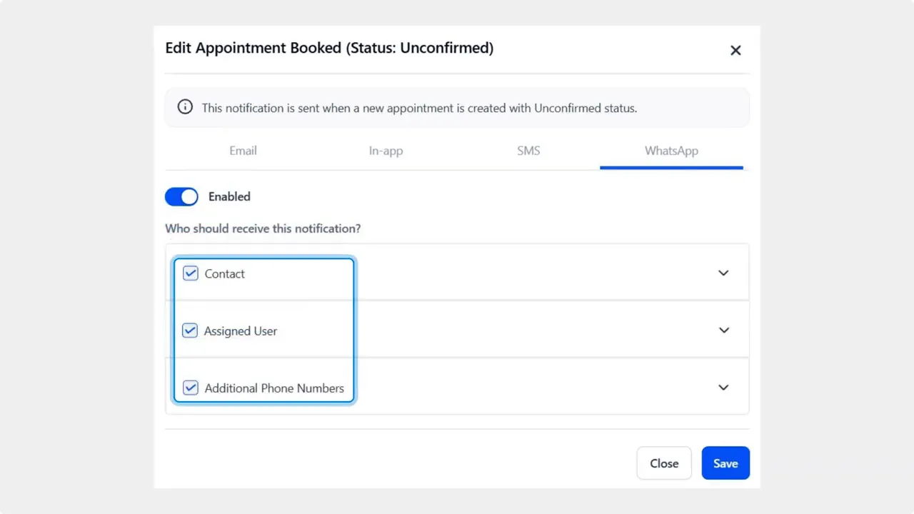 Calendar notification modal with WhatsApp enabled, recipient checkboxes selected and Save button visible Calendar notification modal with WhatsApp enabled, recipient checkboxes selected and Save button visible
