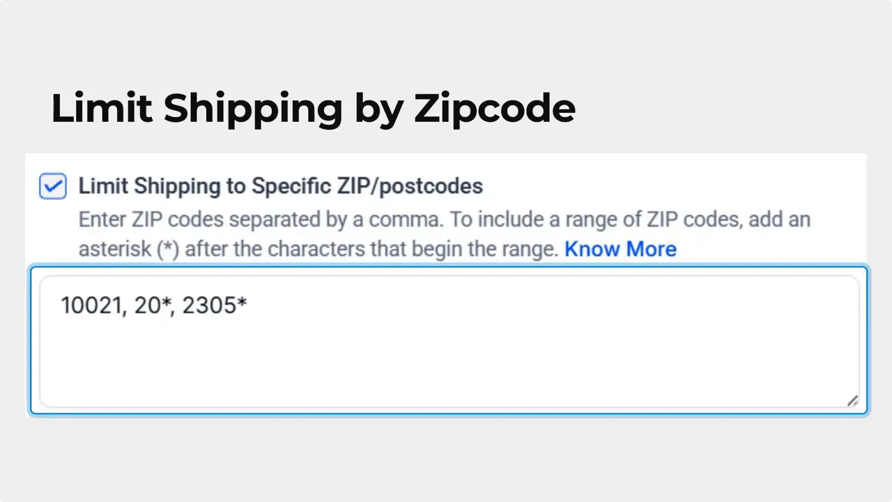 Shipping settings input showing 'Limit Shipping by Zipcode' header and example postcodes '10021, 20*, 2305*' entered in a textbox.