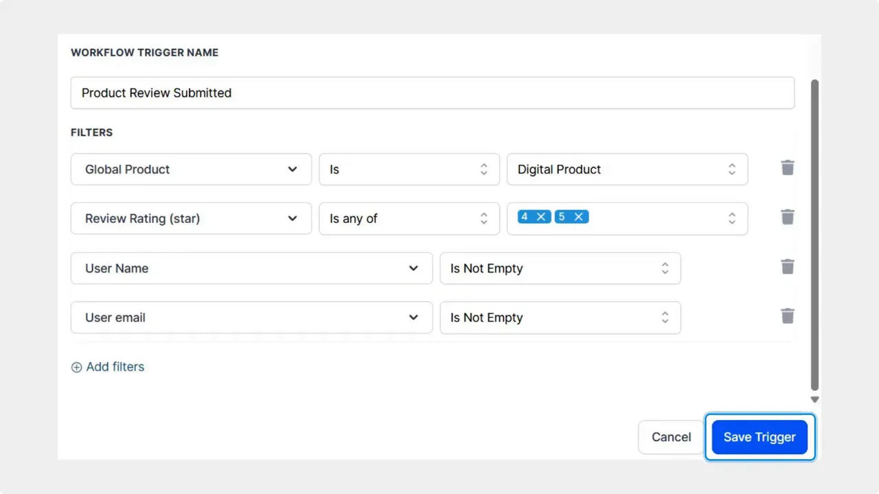 Workflows screen showing 'Product Review Submitted' trigger with filters applied and a highlighted Save Trigger button.