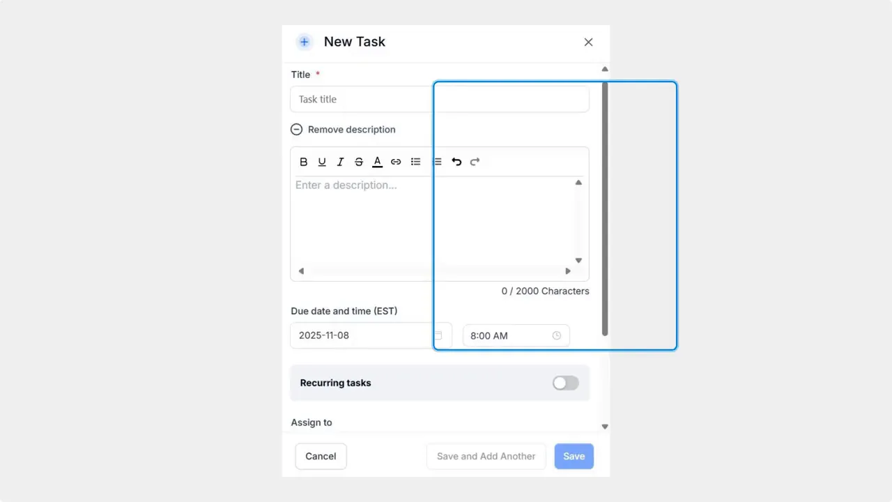 CRM New Task form showing title field, description box, due date/time and Save button.