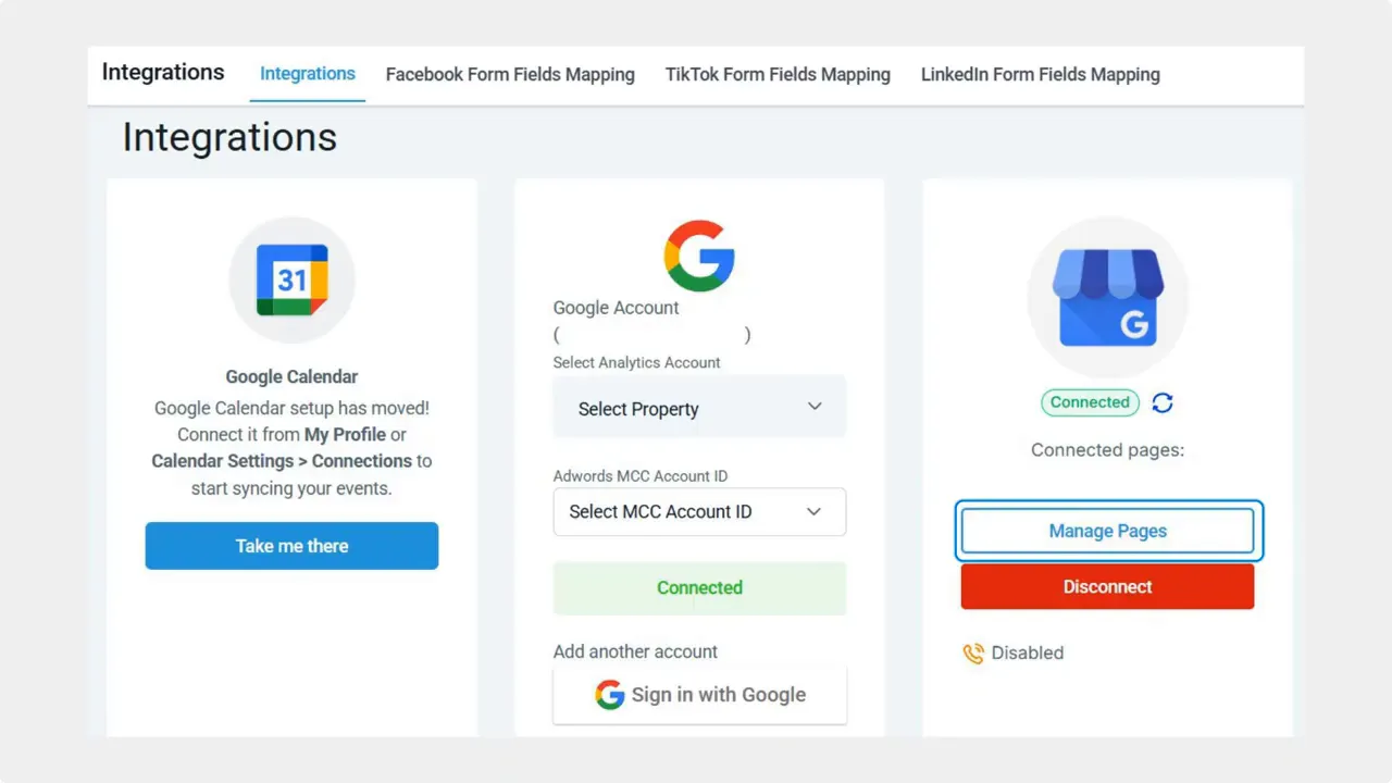 Integrations tab inside account settings Integrations tab inside account settings