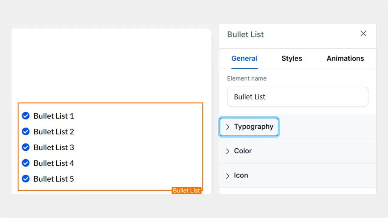 Site Builder element settings for a Bullet List with the 'Typography' option visible in the settings pane.