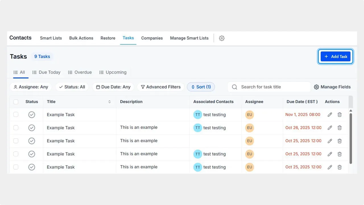 CRM Tasks tab showing task list, filters and a blue Add Task button