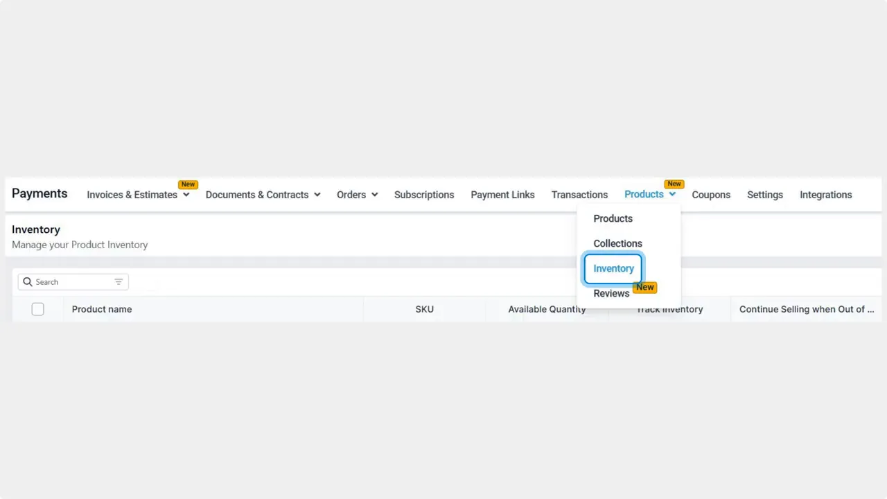 Products tab in Payments with Inventory selected