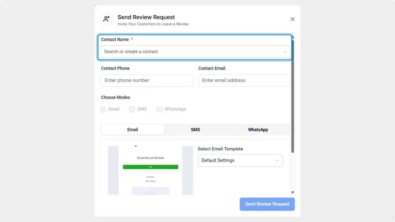 Send Review Request modal showing contact name search field