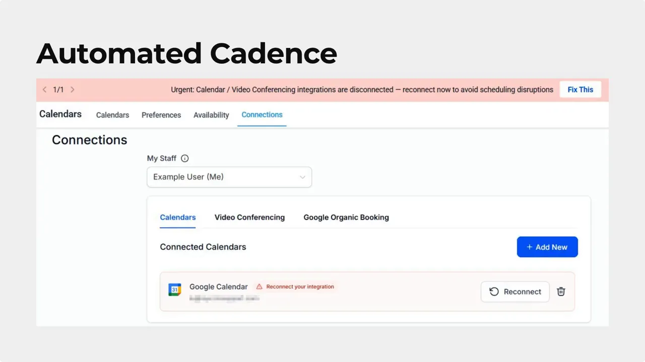 Settings Connections screen with a pink urgent banner 'Calendar / Video Conferencing integrations are disconnected' and a connected calendars card showing Google Calendar with 'Reconnect' action. Settings Connections screen with a pink urgent banner 'Calendar / Video Conferencing integrations are disconnected' and a connected calendars card showing Google Calendar with 'Reconnect' action.