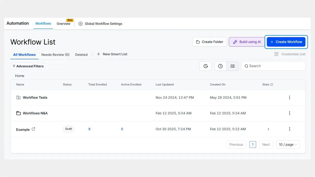 Create a new workflow in the Automation section Create a new workflow in the Automation section