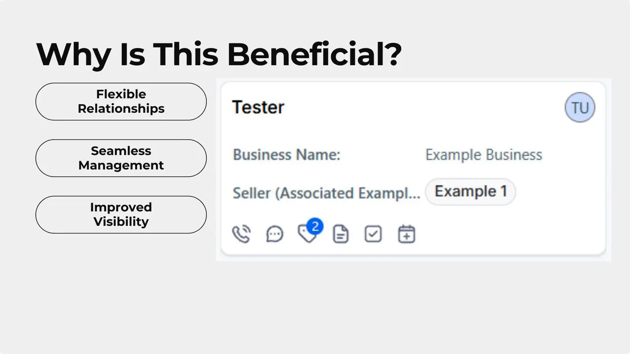 Opportunity detail card titled 'Tester' showing Business Name and an 'Example 1' associated custom object tag